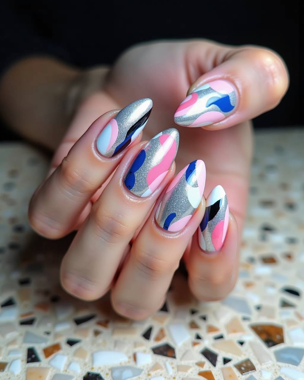 Almond abstract nail design by Gigi Moreno
