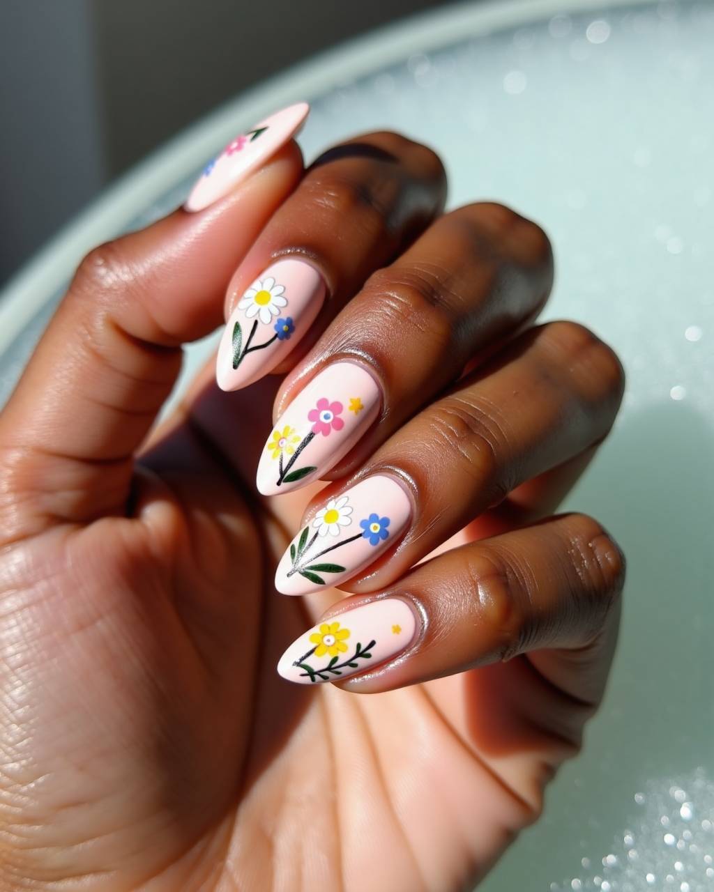 Almond floral nail design by Luna Carter