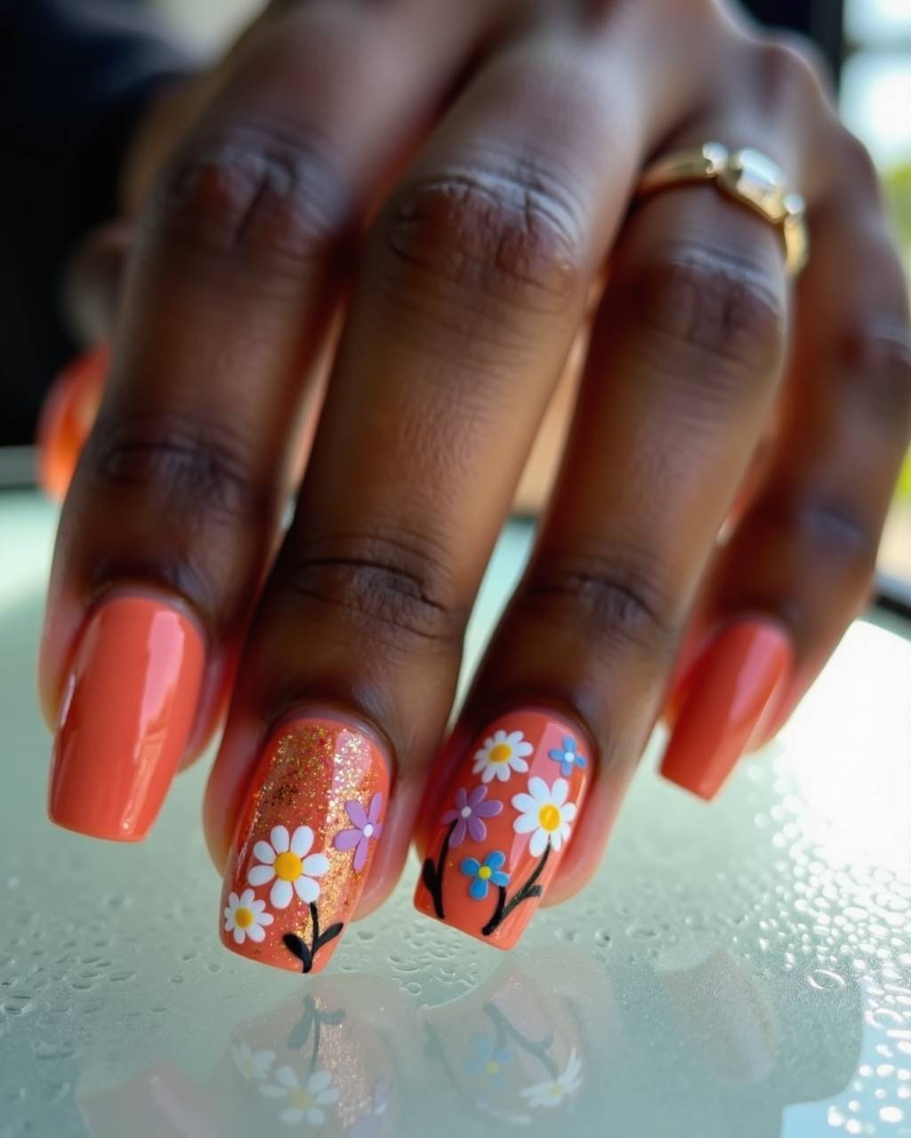 Squoval floral nail design by Luna Carter