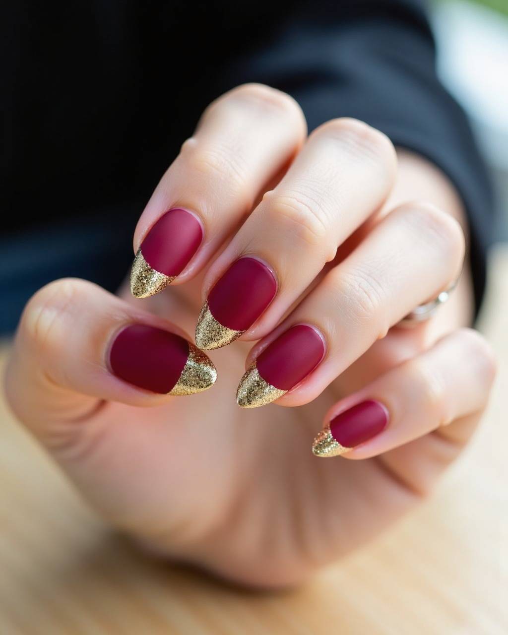 Almond glitter French nail design by Mae Sullivan