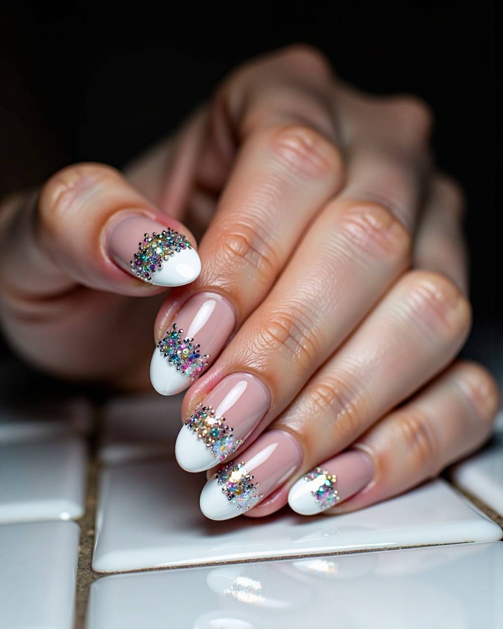 Squoval glitter French nail design by Ava Bennett