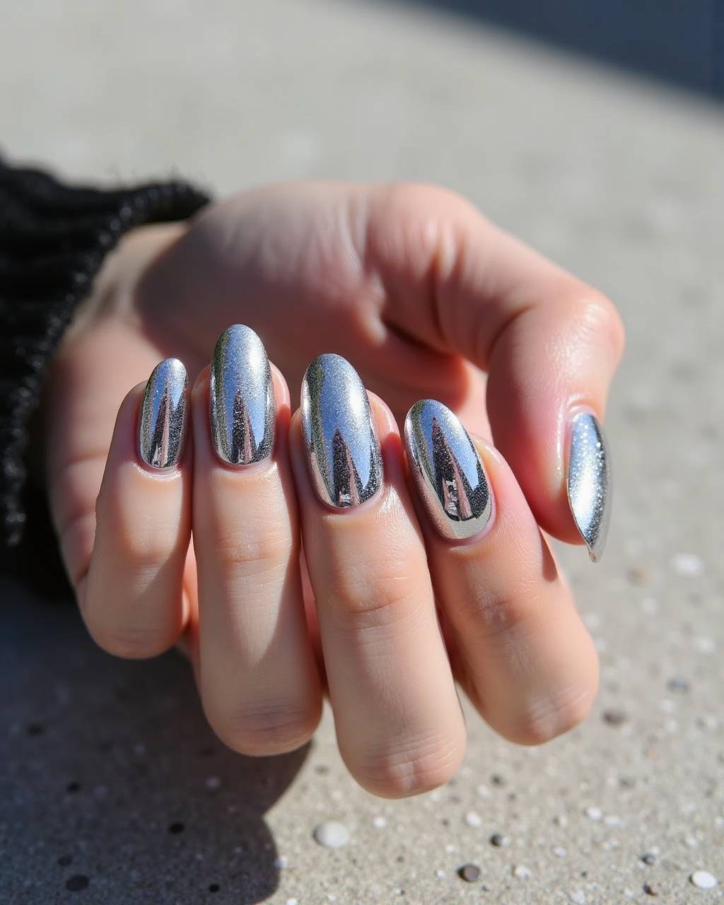 Oval chrome French nail design by Sofia Russo