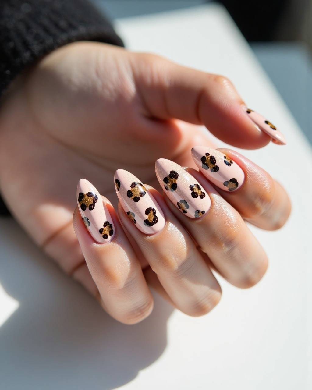 Almond animal print nail design by Noor Haddad