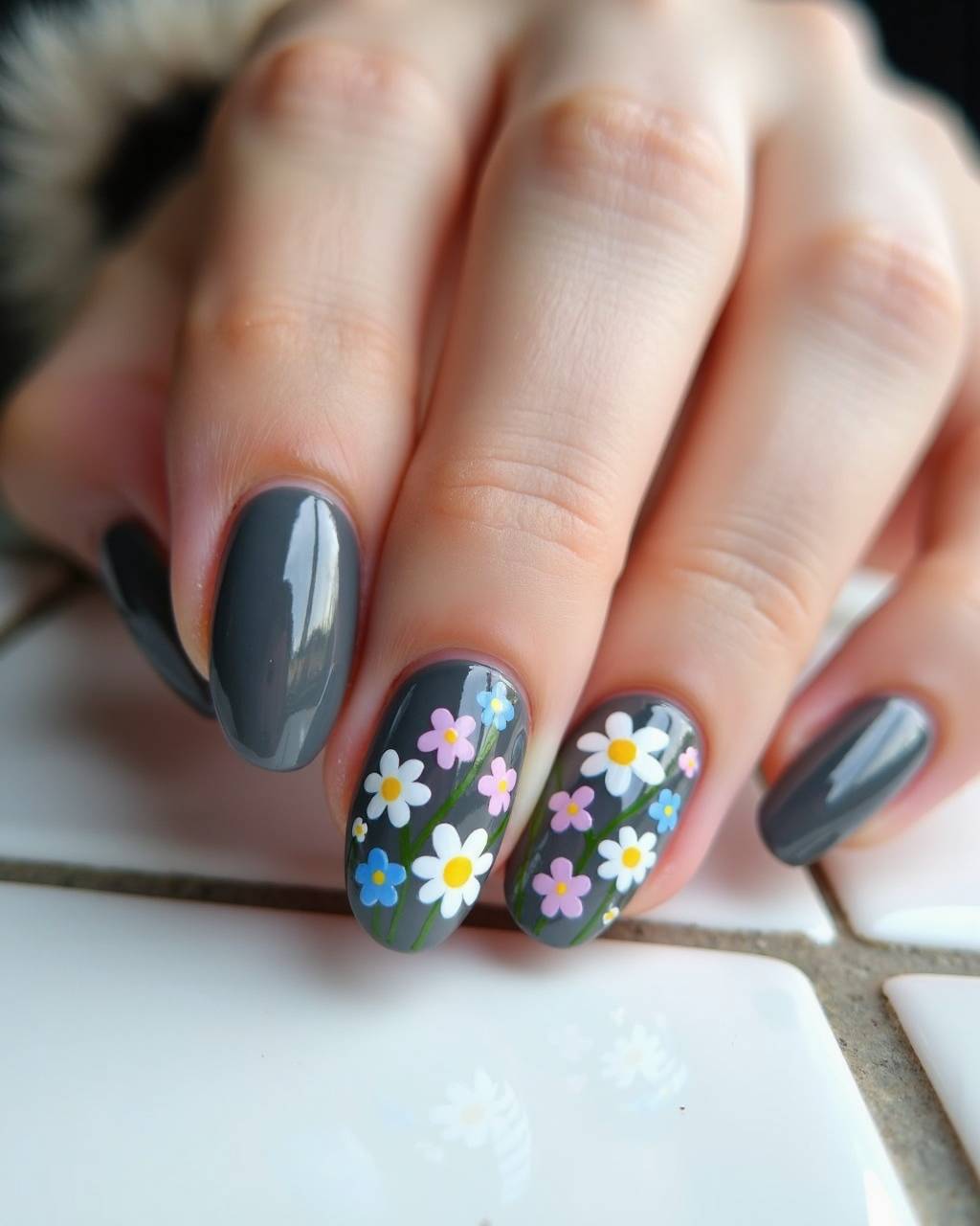 Oval floral nail design by Yuki Sato