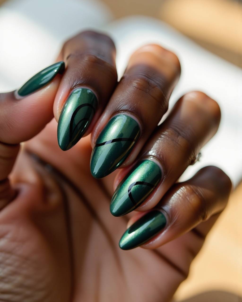 Almond line art nail design by Amber Reed