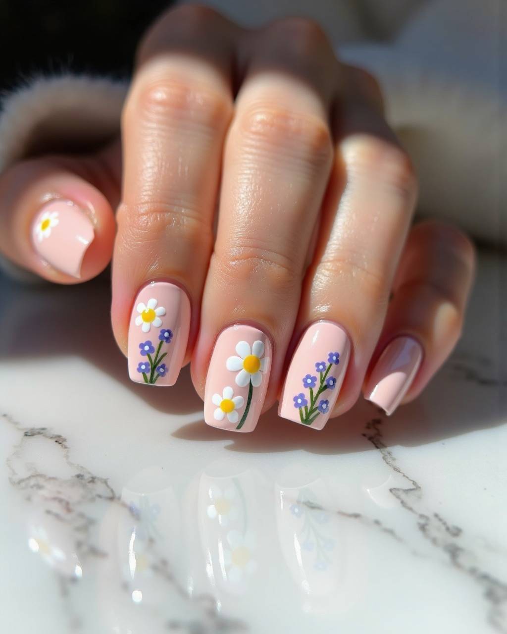 Squoval floral nail design by Priya Sharma