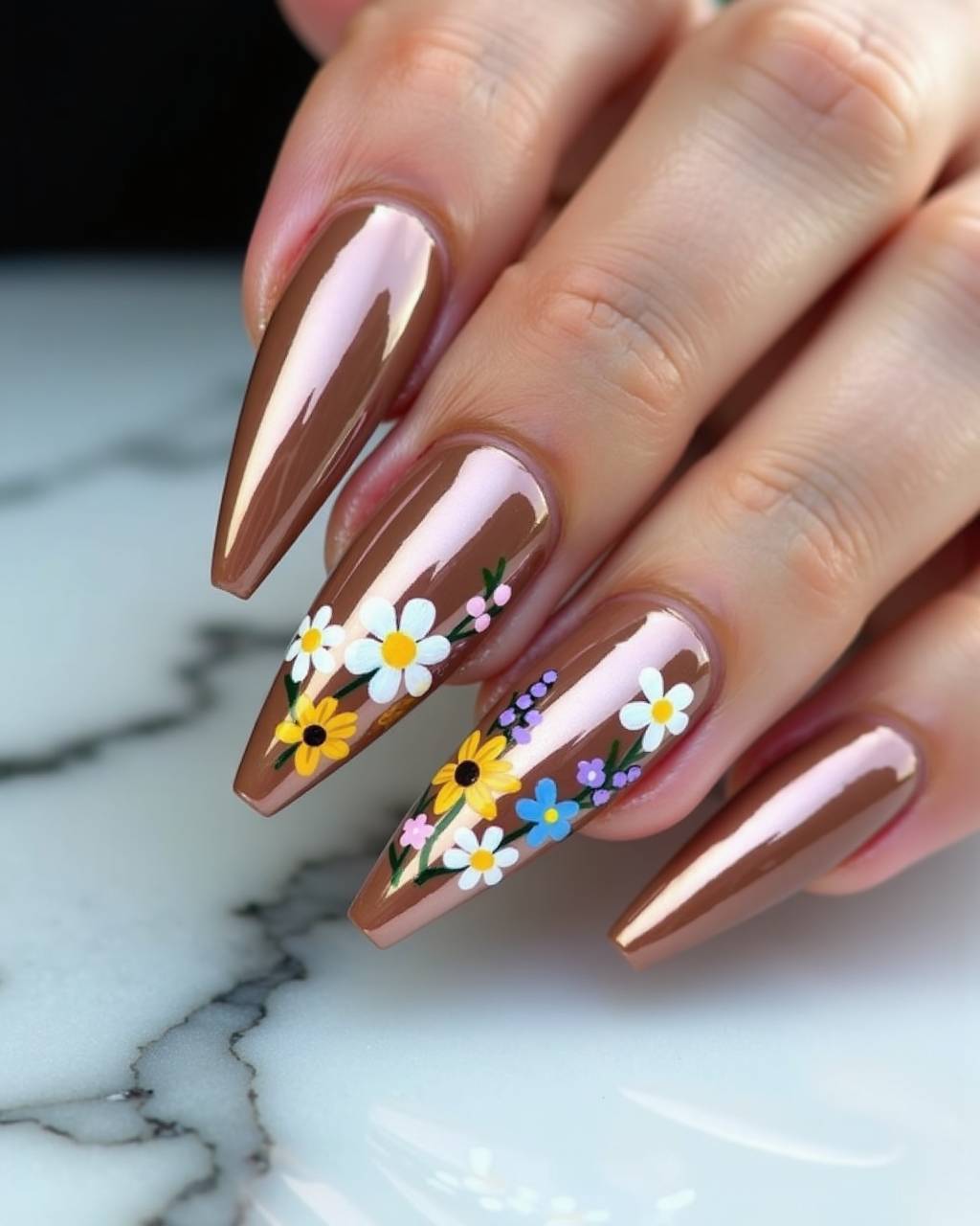 Stiletto floral nail design by Grace Lin