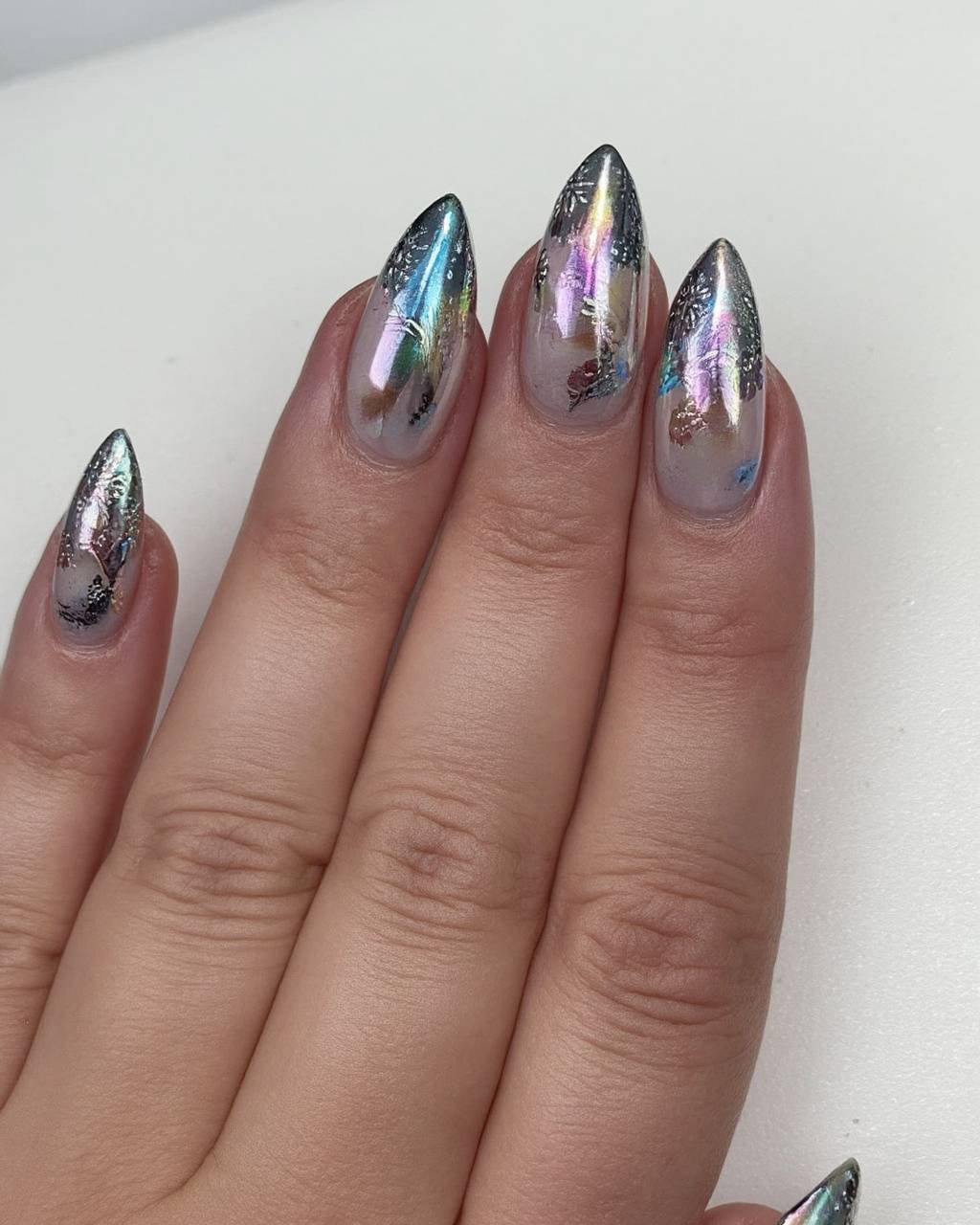 Oval chrome French nail design by Hana Kim