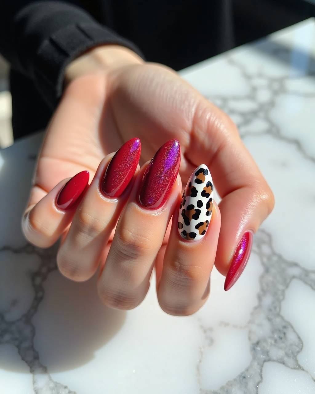Almond animal print nail design by Hana Kim