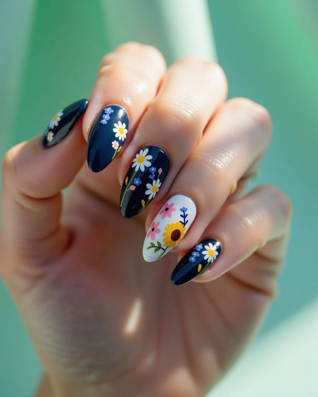 Almond floral nail design by Kira Volkov