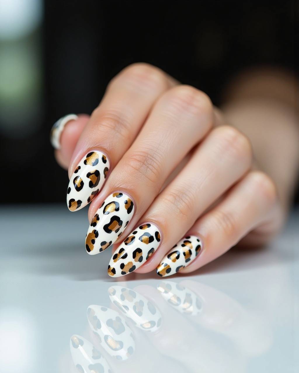 Almond animal print nail design by Kira Volkov