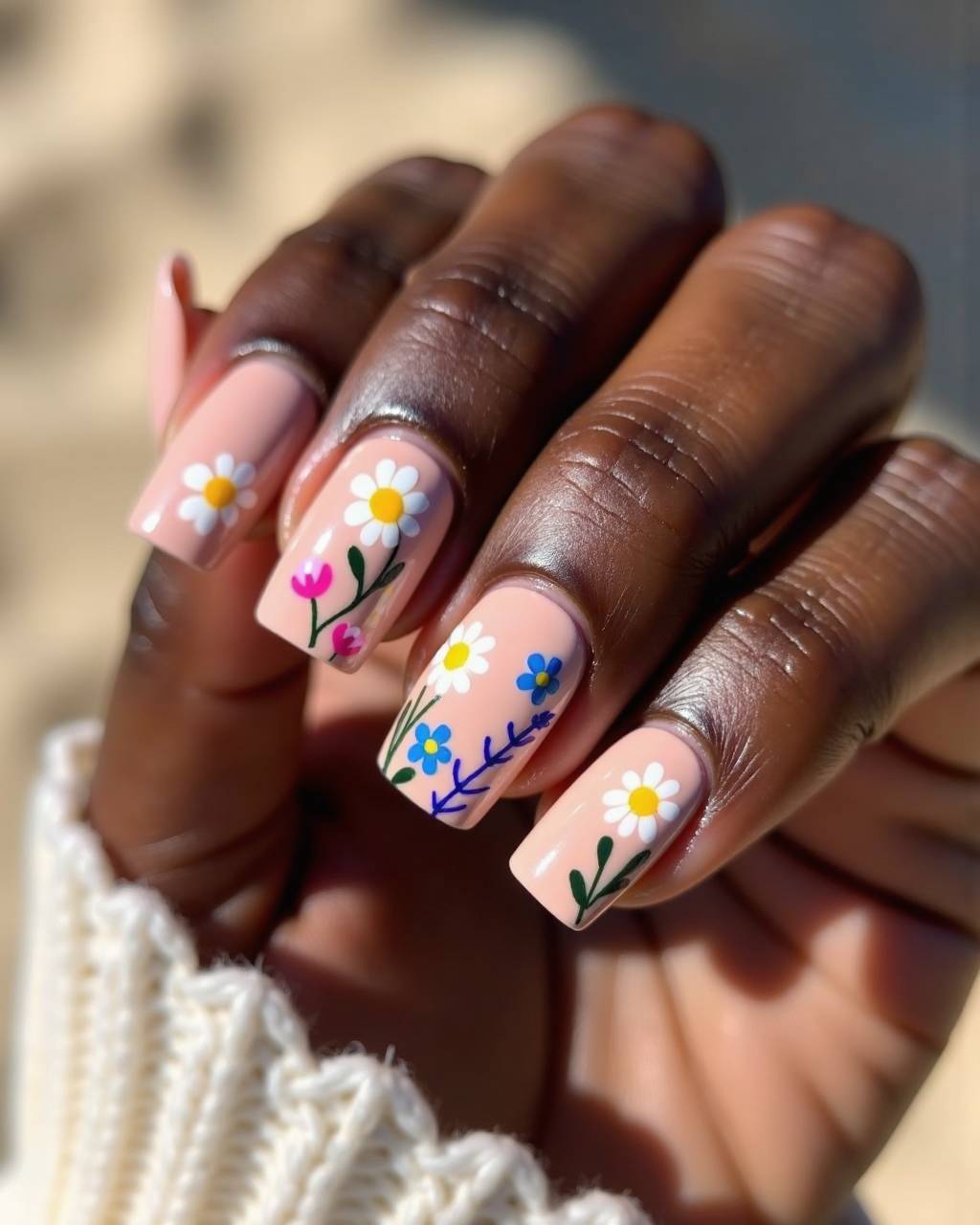 Square floral nail design by Kira Volkov