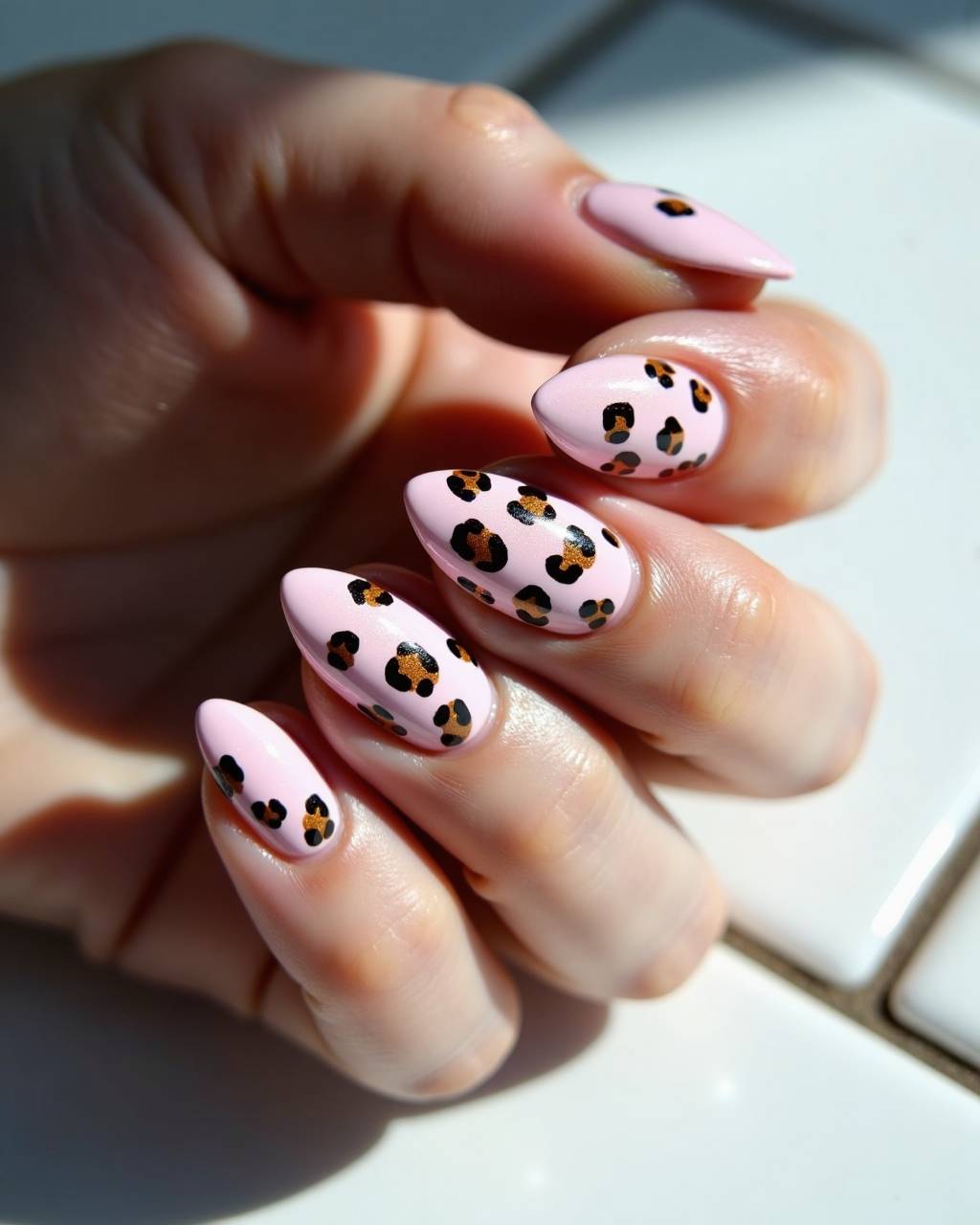 Almond animal print nail design by Mia Alvarez