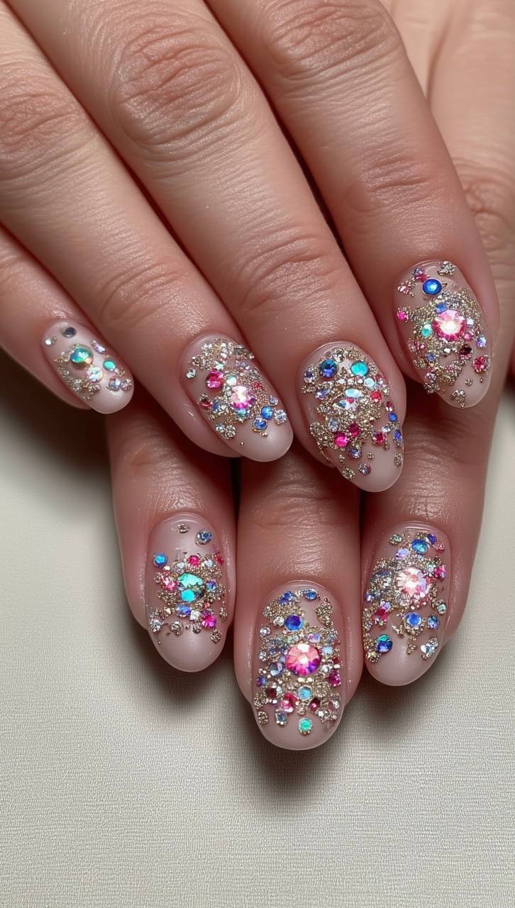 Oval rhinestone nail design by Lola Fernandez