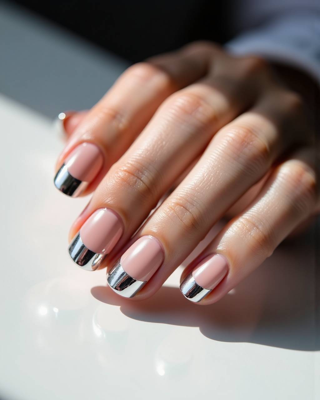 Oval chrome French nail design by Omar Said